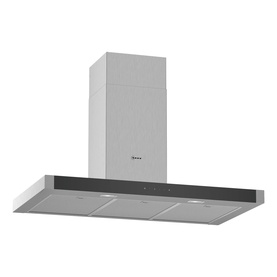 Neff 90cm Chimney Cooker Hood in silver stainless steel with black trim, touch controls, and rectangular canopy design.