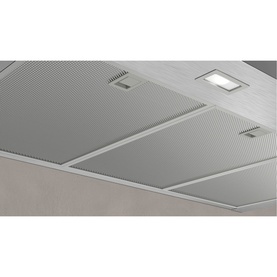Neff 90cm Chimney Cooker Hood in silver, shown ceiling-integrated with perforated panel design and built-in lighting.