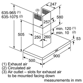 Neff 90cm Chimney Cooker Hood silver &ndash; technical dimension diagram showing exhaust, circulated air and air outlet measurements in mm.