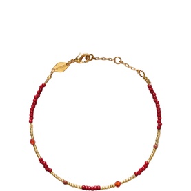 ANNI LU bracelet in Crushed Cherry, red and orange seed beads with gold-tone spacers, lobster clasp and extender chain