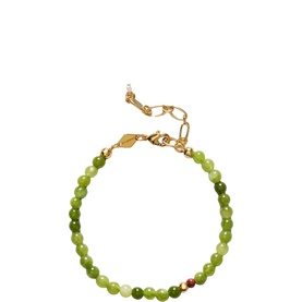 ANNI LU bracelet in Avocado Oil, green semi-precious round beads with gold-tone chain extender and leaf charm