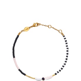 ANNI LU Domino bracelet with black, white and pink beads, central oval pearl, and gold-tone chain and clasp