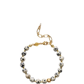 ANNI LU bracelet in Dalmatian, white and black speckled beads with gold-tone chain extender and clasp