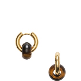 ANNI LU Eye of the Tiger earrings in gold-tone with brown tiger's eye stone pendants, shown as mismatched hoop pair