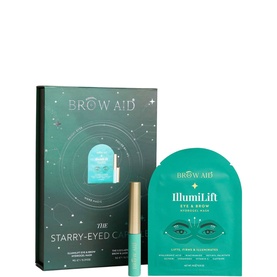 Brow Aid The Starry-Eyed Care skincare set with brow mascara and IllumiLift eye and brow mask in teal packaging