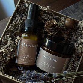 Ground Wellbeing Minding Our Girls Night Body Balm and Sleep Pillow Spray Duo Set in kraft gift box with dried lavender and pine cones