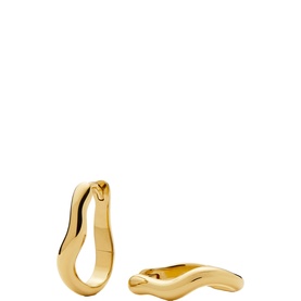 Missoma gold asymmetric hoop earrings with polished wave-shaped design and hinged closure, shown as a pair