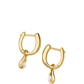 Gold-tone hoop earrings with teardrop-shaped clear crystal charm drops, hinged closure, polished finish