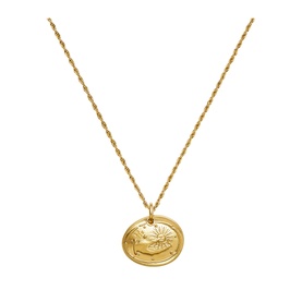 Gold-tone rope chain necklace with oval medallion pendant featuring an embossed floral motif