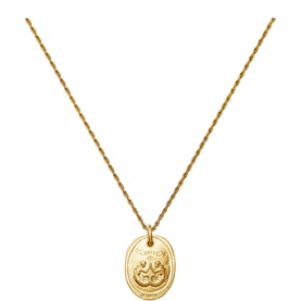 Missoma gold oval medallion pendant necklace with embossed floral motif on twisted rope chain