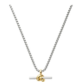 Silver ball chain necklace with gold-tone knot and T-bar pendant centrepiece