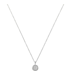 Silver-tone chain necklace with round pav&eacute; crystal pendant on white background