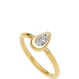 Missoma gold ring with pav&eacute; diamond teardrop setting, polished band and white stone cluster detail
