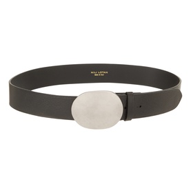 Nili Lotan black leather belt with oval hammered antique silver buckle, laid flat showing brand stamp on inner lining.