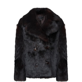 Nili Lotan dark brown shearling coat with double-breasted button front and wide lapel collar