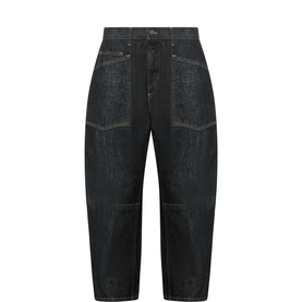Nili Lotan Shon Barrel-Leg Jeans in Resin Rinse, dark indigo Japanese denim, tobacco stitching, patch pockets, dart-detailed barrel-leg silhouette