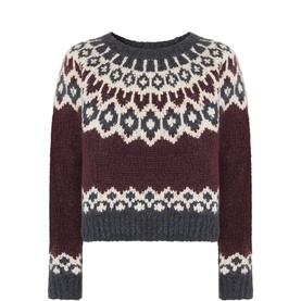 Nili Lotan burgundy fairisle 100% cashmere crew neck jumper with grey and cream Nordic yoke pattern, cropped length