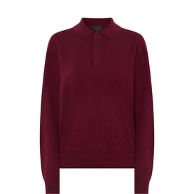 Nili Lotan burgundy cashmere polo knit with long sleeves, ribbed cuffs and hem, and three-button collar