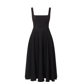 Odd Muse black sleeveless midi dress with square neckline, fitted bodice, and flared pleated skirt