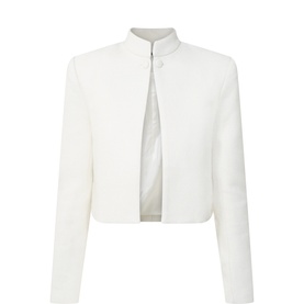 Odd Muse white cropped blazer jacket with mandarin collar, open front, and long sleeves in textured fabric