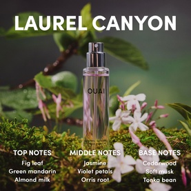 Ouai Laurel Canyon EDP in clear bottle with pump, surrounded by flowers and moss, with fragrance notes listed