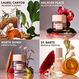 Ouai EDP fragrance collection: Laurel Canyon, Melrose Place, North Bondi, and St. Barts, shown with botanical ingredients and floral styling.
