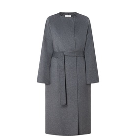 Selected Femme Medium Grey Melange wool-blend belted longline coat with collarless neckline and wrap-style front