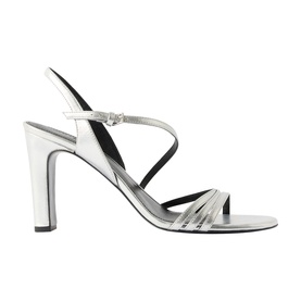 Whistles grey strappy heeled sandal with crossover toe straps, ankle buckle fastening, and block heel, metallic finish