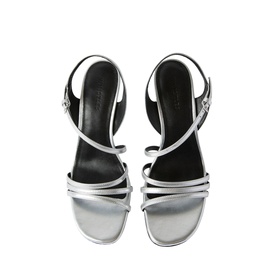 Whistles grey metallic strappy sandals with ankle strap, block heel, and black insole, overhead view