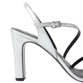 Whistles grey metallic leather strappy slingback sandal with block heel, silver buckle fastening and cross-strap front detail