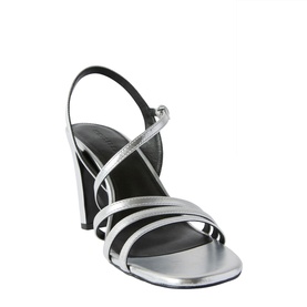 Whistles grey metallic strappy heeled sandal with crossover toe straps, slingback ankle strap, and wedge heel