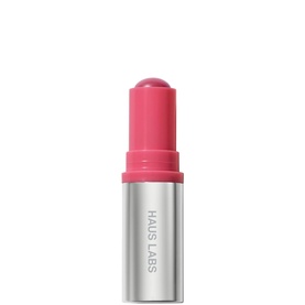 Haus Labs Color Fuse Glassy Blush Balm Stick in Glassy Cayenne, pink-toned bullet blush in silver cylindrical case