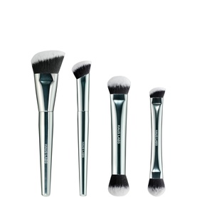 Haus Labs Complexion Brush Essentials Set, four makeup brushes with silver handles and dual-tone grey and black bristles