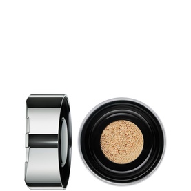 Haus Labs Bio-Blurring Loose Setting Powder cushion compact shown open and closed, silver case with beige powder sponge insert