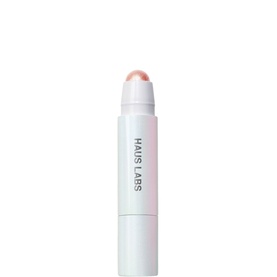Haus Labs Bio-Radiant Glassy Highlighter Balm in Champ Quartz, twist-up stick format with pearlescent pink tip, white tube