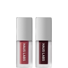 Haus Labs Mini PhD Hybrid Plumping Lip Glaze Duo Set in Nude, two mini lip gloss bottles in deep rose and dark berry shades