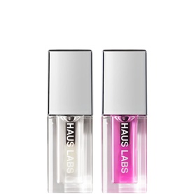Haus Labs Mini PhD Hybrid Tinted Lip Oil Duo Set in Translucent, two mini lip oil bottles with square caps, clear and pink shades