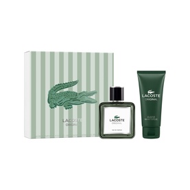 Lacoste Original Eau de Parfum & Shower Gel Gift Set 60ML, featuring glass bottle and green shower gel tube in striped gift box