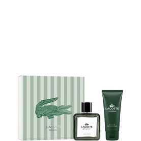 Lacoste Original Eau de Parfum & Shower Gel Gift Set 60ML, featuring glass bottle and green shower gel tube in striped gift box
