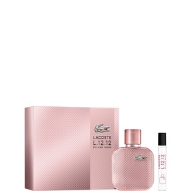 Lacoste L.12.12 Silver Rose Eau de Parfum & Travel Spray Gift Set 50ml, pink textured gift box with two bottles