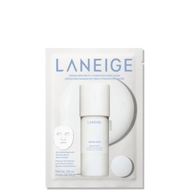 Laneige Cream Skin Milky Hydration Sheet Mask set with serum bottle, displayed on white packaging