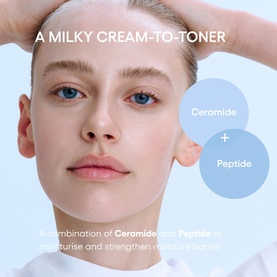 Model with Laneige milky cream-to-toner face mist, shown with text highlighting Ceramide and Peptide moisturising benefits