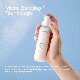 Laneige Cream Skin Toner face mist in white pump bottle held in hand, with Micro Blending Technology promotional text overlay