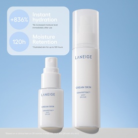 Laneige Cream Skin Face Mist in two sizes shown against blue background, highlighting +836% instant hydration and 120h moisture retention claims.