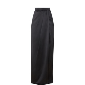 Max Mara Main dark grey 100% silk maxi skirt with high waist, front split, and clean wrap-style silhouette