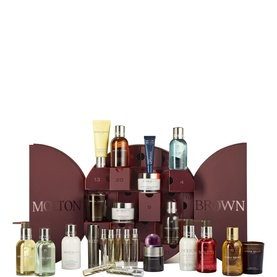 Molton Brown advent calendar gift set with burgundy display box and assorted bath, body and fragrance miniatures