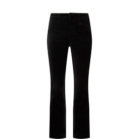 Paige black bootcut jeans with a high waist, flared hem, and smooth velvet-like finish. Flatlay product shot.