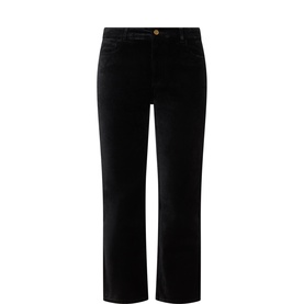 Paige Crop Boot jeans in black, cropped wide-leg silhouette with gold button waistband detail, cotton-blend fabric