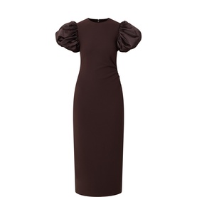 Rotate midi dress in Mole with puff organza sleeves, round neck, and fitted silhouette