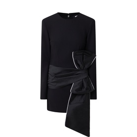 Rotate black mini dress with long sleeves and oversized satin bow detail at waist, zip trim accent, crew neck